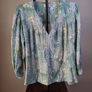 Wonderly Women’s Sage Green Pastel Floral Peasant Top; Size L